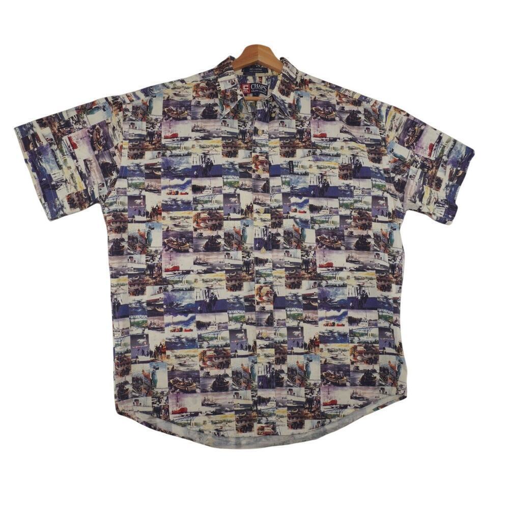 Retro 90s CHAPS Ralph Lauren Multi-Color Patchwork Boat Print Shirt Size L
